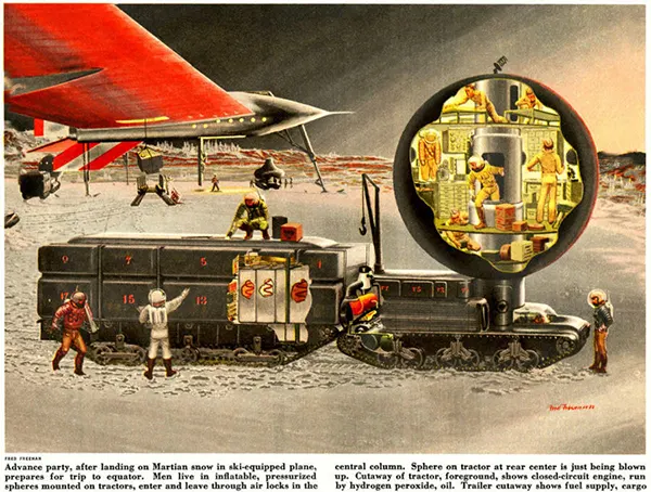 #16 Astronauts explore the surface of another planet in this 1954 artwork by Fred Freeman.