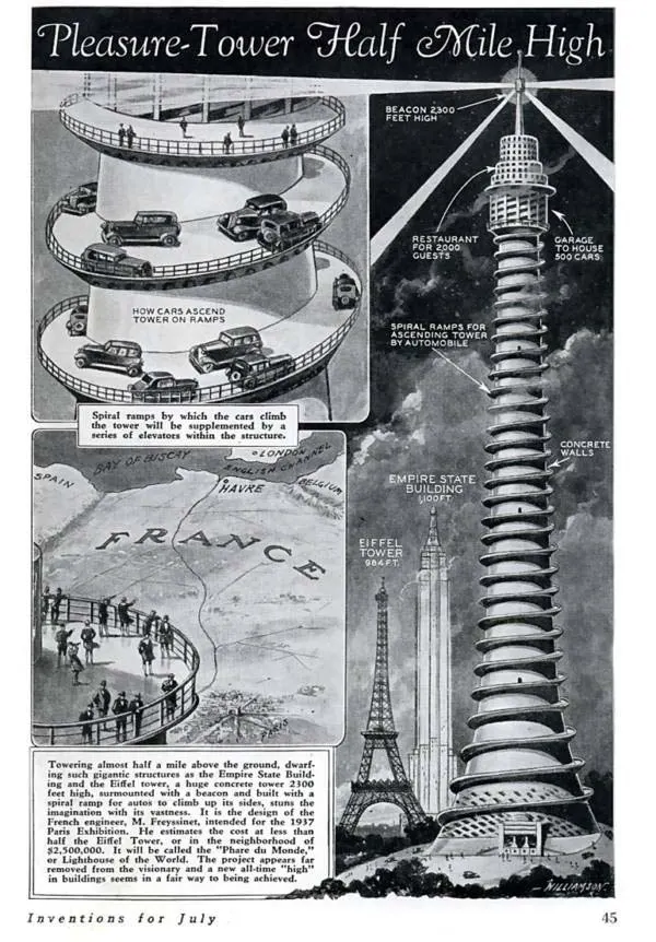 #20 The “half-mile-high” pleasure tower, with a restaurant and 500-car garage, envisioned in 1933.