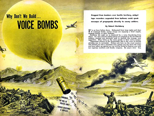 #21 “Voice bombs,” balloon-suspended tape recorders dropping propaganda messages, by Frank Tinsley, 1951.