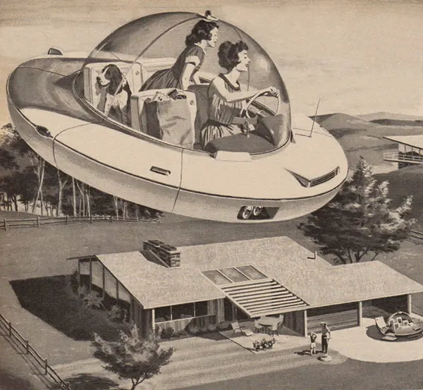 #4 An American mother and daughter return home from shopping in a futuristic spaceship, circa 1950s.