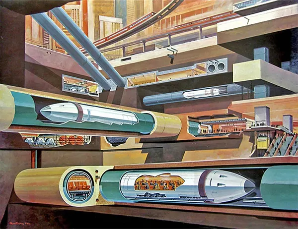 #7 A network of underground tube trains beneath a city, by artist Klaus Bürgle, 1969.