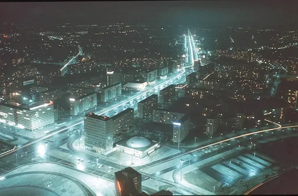 Night view from the TV tower over Alexanderplatz and Karl-Marx-Allee, East Berlin, 1970.
