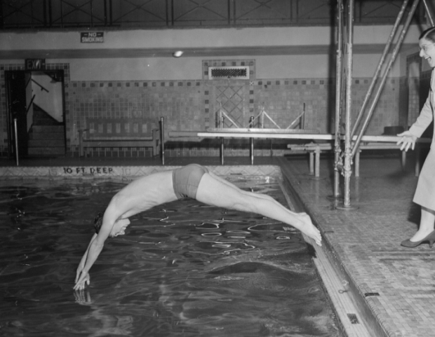 #6 This student, taking a swimming lesson at Falkirk Technical School on November 1, 1935.
