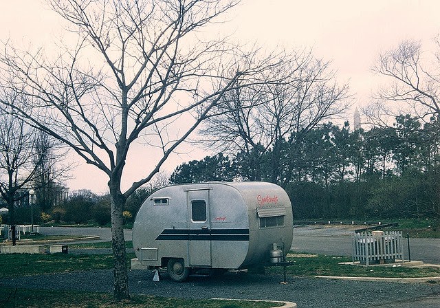 Old trailer park in East Potomac Park, with Washington Monument and Jefferson Memorial in the background