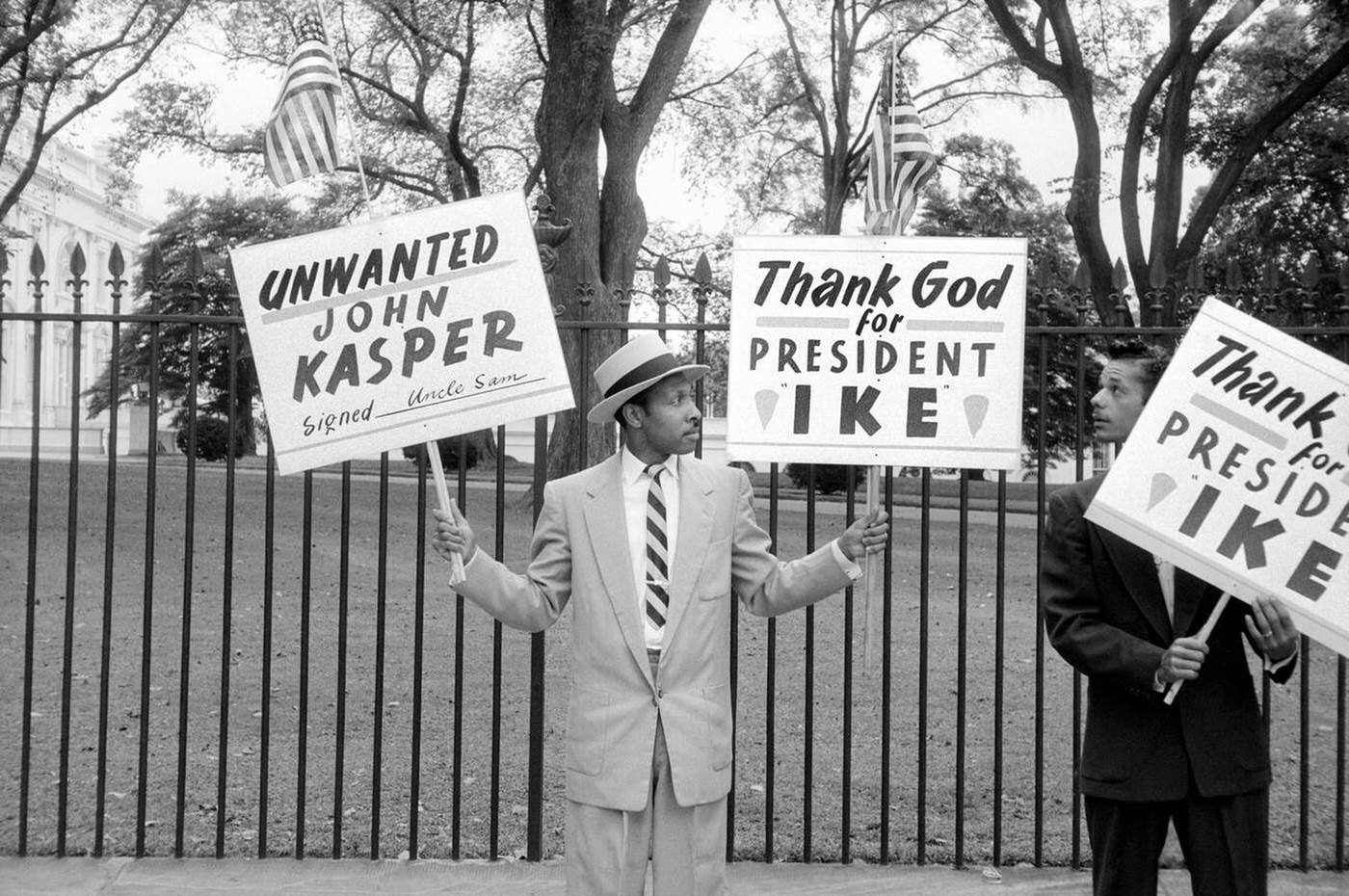 Two Men Protesting John Kasper, an American far-right activist and Ku Klux Klan member who took a militant stand against racial integration, Washington, D.C., 1957.