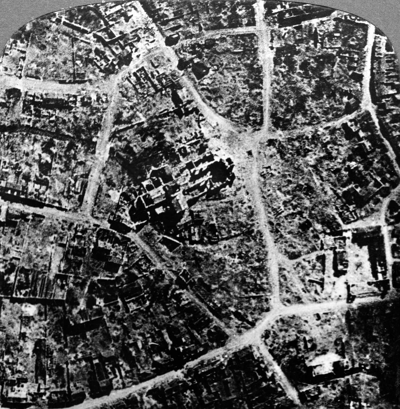 #63 Aerial view of the ruins of the town and basilica of Albert, France, during World War I, 1914-1918.