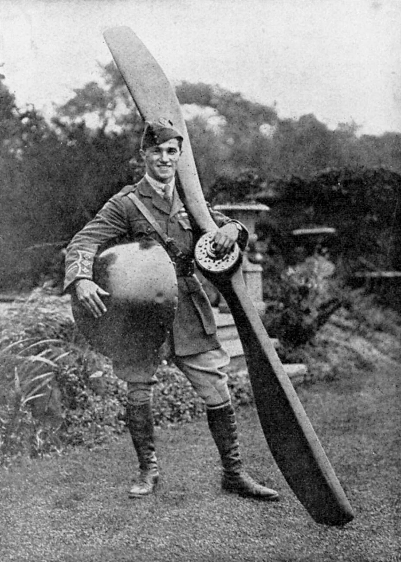 #79 British pilot Captain Albert Ball posing with trophies from his 43rd victory, 1917.